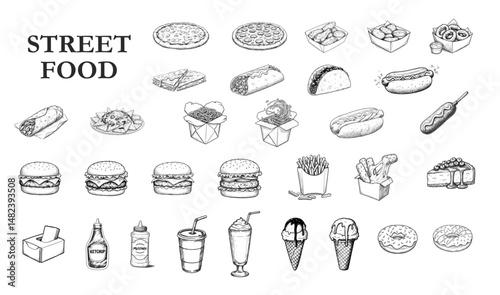 Street food menu icons illustration on transparent background