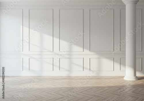 Wallpaper Mural Bright interior shows a white wall with panels and a column next to a herringbone floor Torontodigital.ca