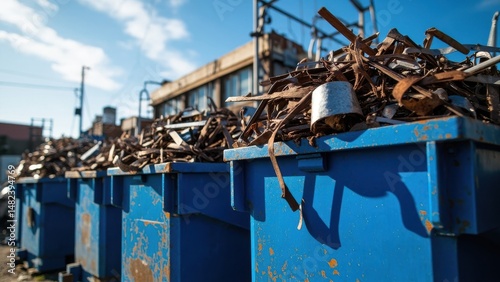 Row of blue industrial dumpsters overflowing with scrap metal outdoors in a recycling yard with blurred industrial buildings in background. Scrap metal recycling and waste storage concept
