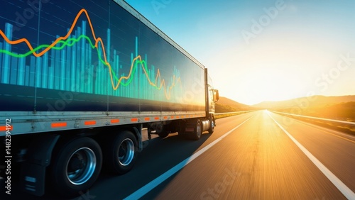 Semi trailer truck with colorful data graph on trailer driving on a highway towards the sun during a dramatic sunset. Transportation and data analytics concept