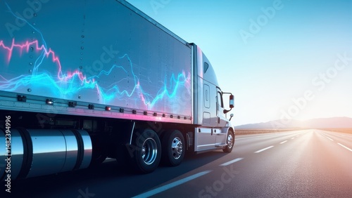 Blue semi trailer truck with colorful data graph and electric lines on trailer driving on a highway with mountains in the background. Transportation and data technology concept