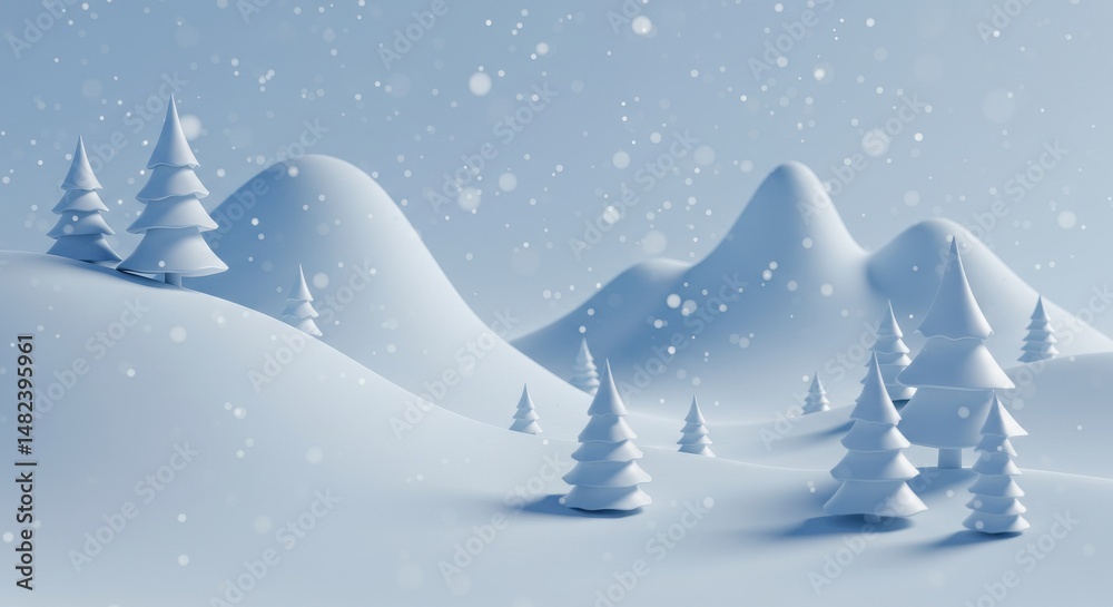 Serene winter landscape with snow-covered mountains and pine trees under a blue sky Serene winter landscape with snow-covered mountains and pine trees under a blue sky