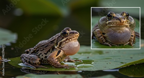 Close-up of a frog on a lily pad, croaking in a serene pond setting