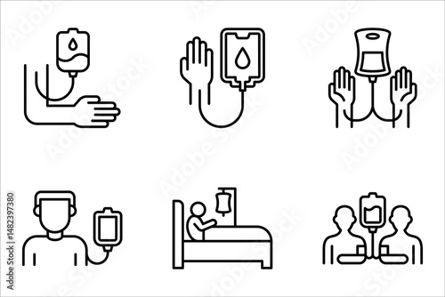 blood donation icon set, transfusion, blood donor life charity donation volunteer, vector illustration on white background