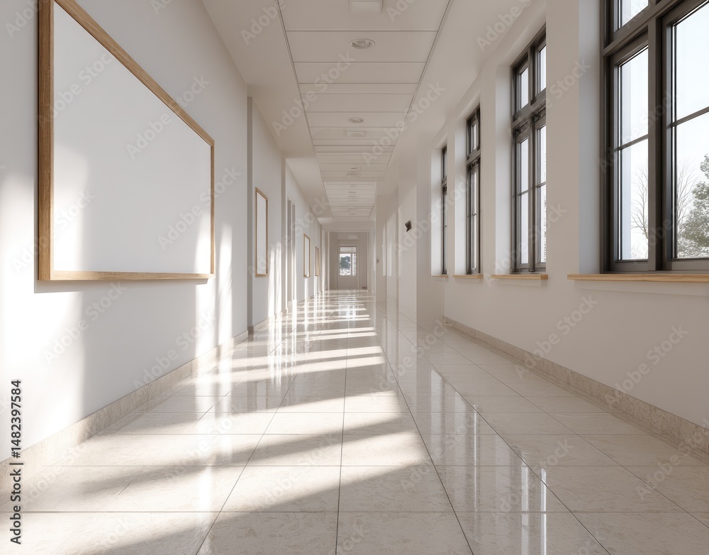 Empty school hallway, bright and spacious. Sunlight streams down the polished tile floor, highlighting the clean white walls and large windows. Empty, blank posters on the walls Empty school hallway, bright and spacious. Sunlight streams down the polished tile floor, highlighting the clean white walls and large windows. Empty, blank posters on the walls