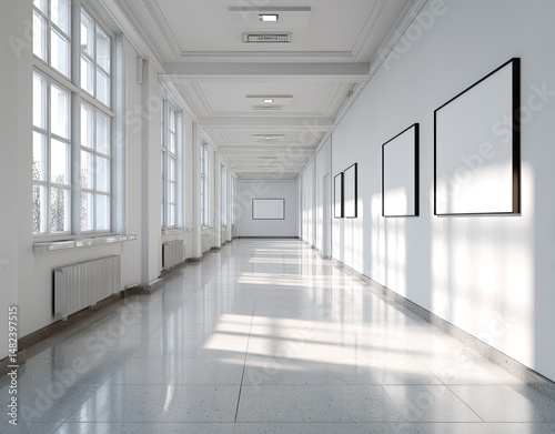 Empty art gallery hallway. Sunlight streams through large windows