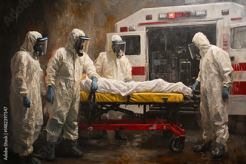 Medical personnel in protective suits transport a patient on a stretcher near an ambulance