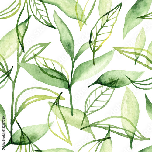 Seamless pattern with green botanical leaves. Watercolor illustration with foliage elements on white background. Nature and tea plant motif