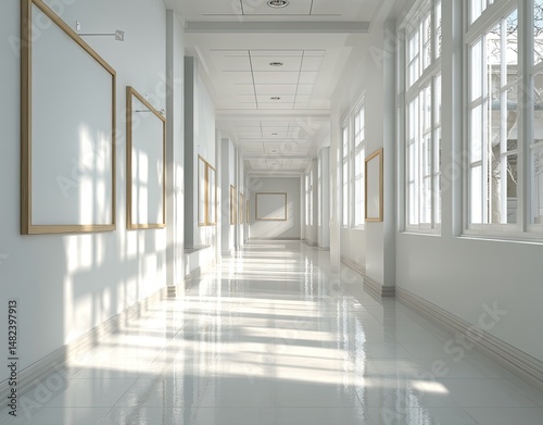 Sunlit, spacious hallway with large windows.  Well-lit, modern, clean interior