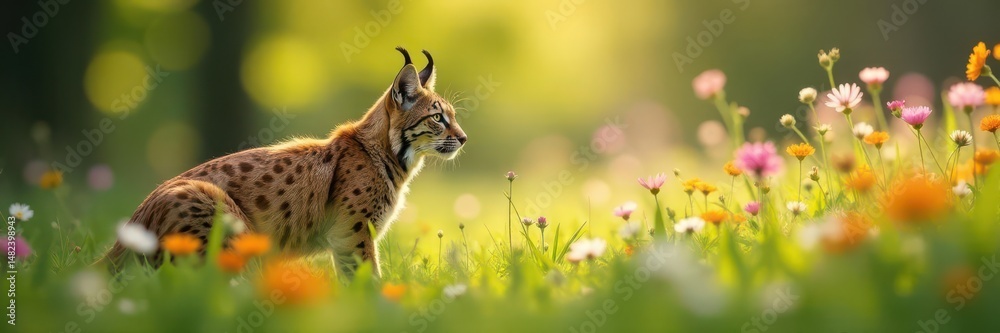 Fototapeta premium Hidden lynx among wildflowers, dappled sunlight, animal, nature