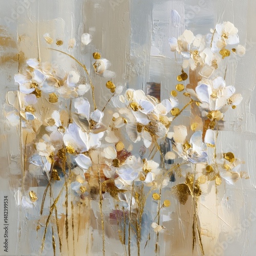 Abstract floral artwork in muted tones of beige, white, and gold, featuring stylized orchid blossoms and textured brushstrokes.  Soft light and subtle colors create a serene and elegant impression