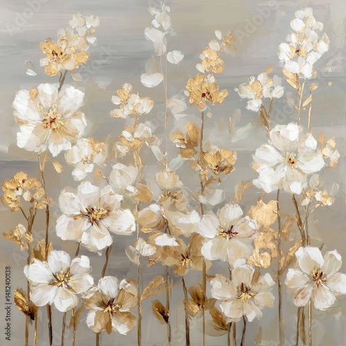 A field of delicate white and gold flowers, rendered in a soft, textured style, against a muted grey backdrop