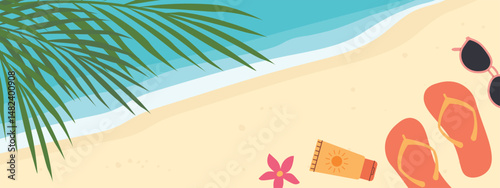 summer banner with tropical beach and flip flops, sunglasses, SPF cream and flower; perfect for vacation-themed graphics, travel promotions, or seasonal marketing materials- vector illustration
