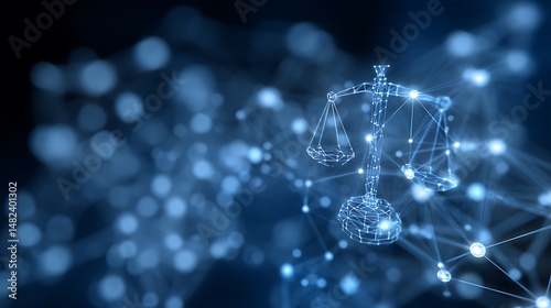 Digital illustration of the scales of justice, symbolizing fairness, law, and technology. 