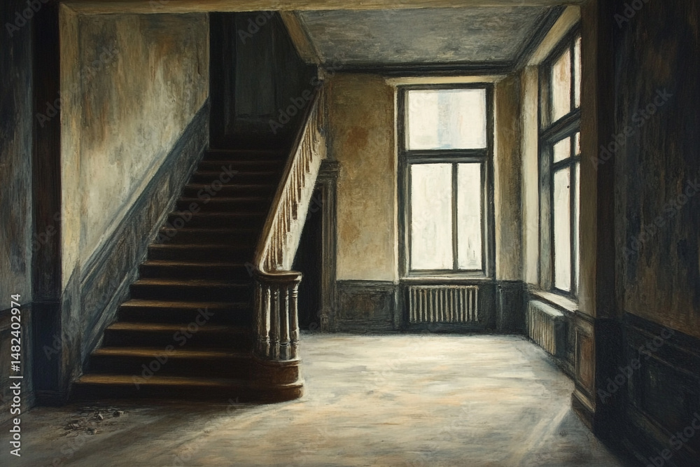Old building interior staircase sunlight through windows aged walls