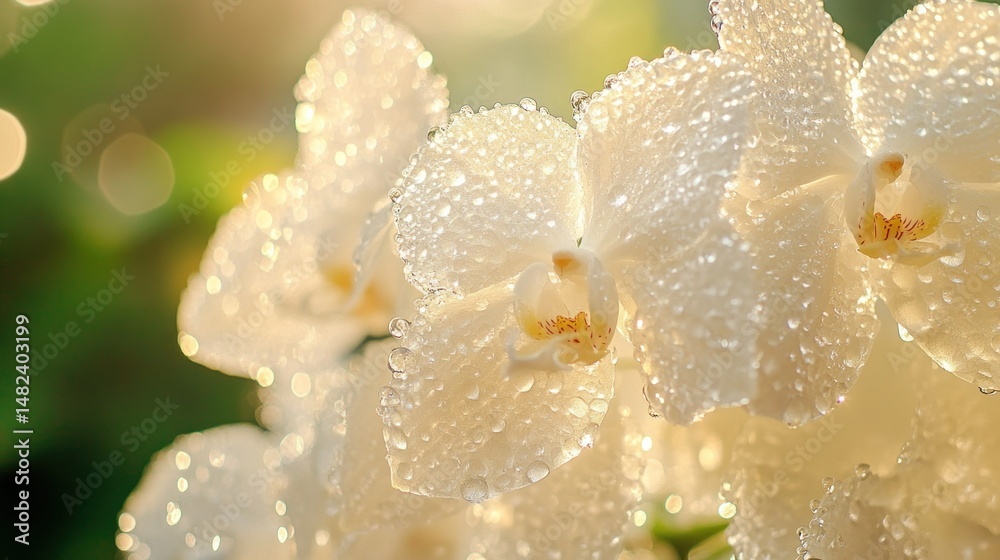 Dew-kissed white orchid blossoms Dew-kissed white orchid blossoms