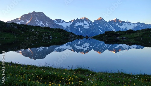 Majestic Mountain Peaks Reflected in Calm Lake at Sunrise, Golde
