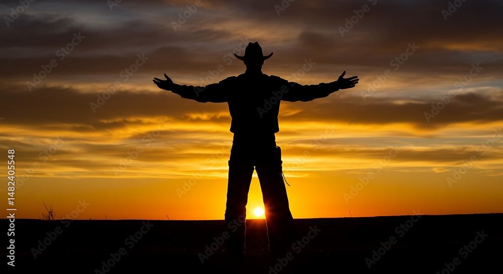 Fototapeta premium Sunset Silhouette: Cowboy's Embrace of Freedom