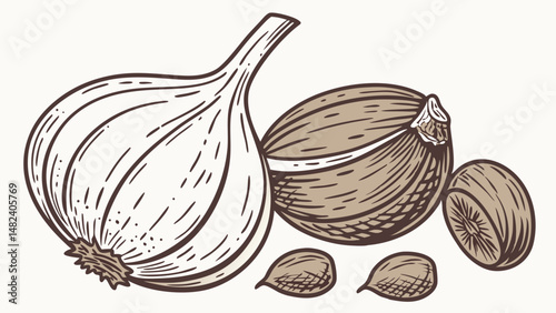 Vector Fresh garlic cloves and bulbs detailed style, showcasing their natural textures and shapes