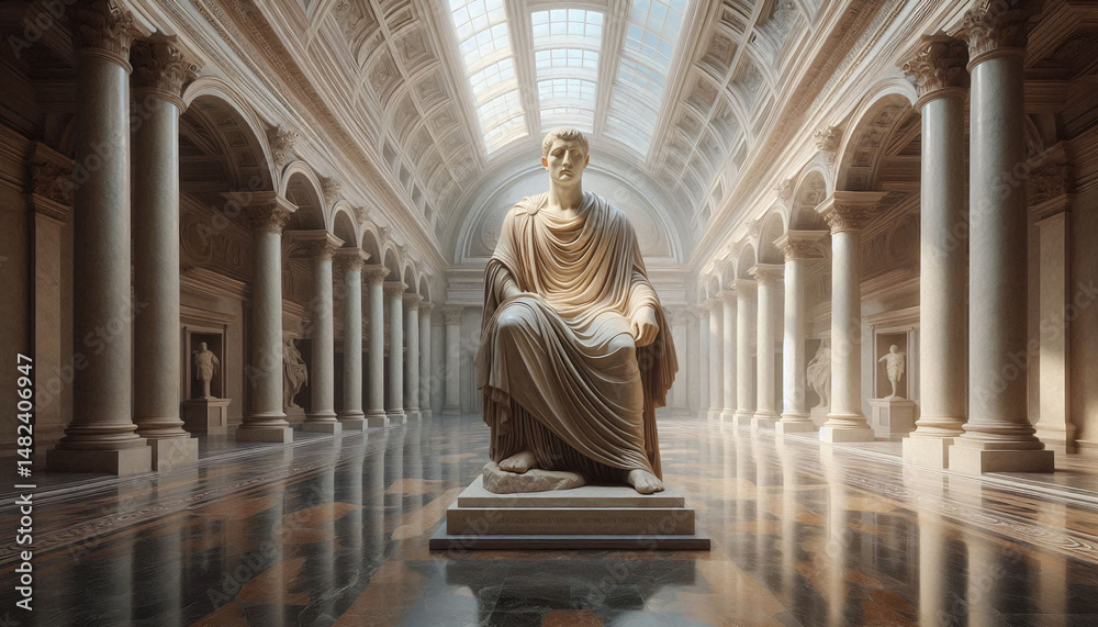 Fototapeta premium Ancient Roman Marble Statue in Grand Museum Interior with Classical Architecture and Latin Inscriptions