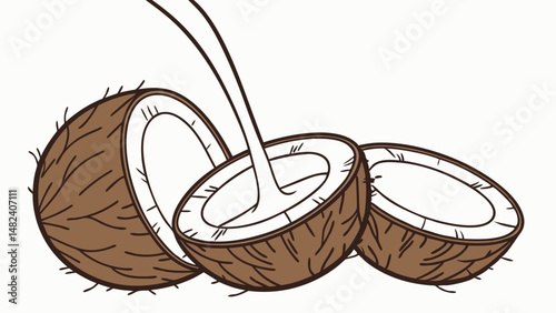 Vector Coconut milk pouring from coconut shell, showcasing its creamy texture and natural essence