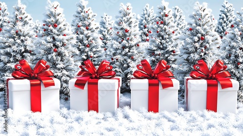Festive Christmas Scene with White Trees and Red Gift Boxes