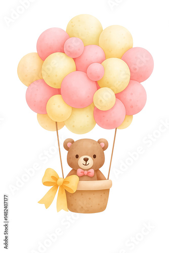 Sweet teddy bear lifted by soft pink and yellow balloons. Whimsical and gentle watercolor illustration for nursery decor or baby-themed projects