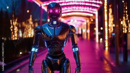 A metallic robot walking along a futuristic street lit by LED lights powered by solar panels, eco-design in background