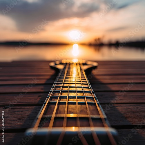 Fototapeta Naklejka Na Ścianę i Meble -  Acoustic guitar neck at sunset over water