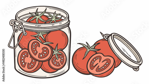 Vector glass jar filled with sun dried tomatoes, showcasing vibrant red colors and fresh ingredients, evokes sense of culinary