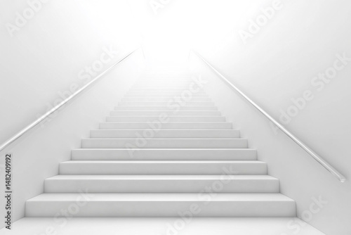 White staircase leading upward bright light at the top minimalist design