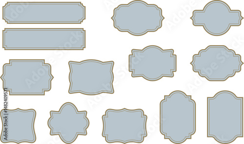 Classic vintage labels with elegant gold frame and blue background. Decorative badges for premium packaging, wedding invitations and boutique branding. Vector illustration set, template, blank space