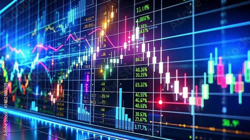 Vibrant stock market trading screen displaying fluctuating financial data and graphs