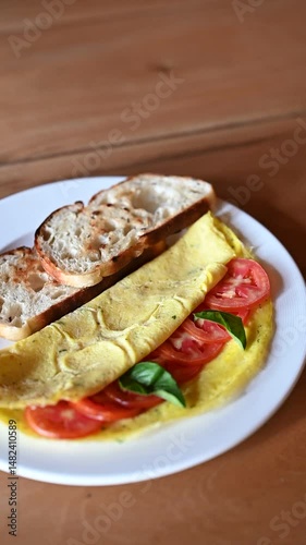 A close-up video of a classic masala omelette served with fresh tomato slices, basil leaves, and bread on a white plate, placed on a brown wooden table in a Goan restaurant