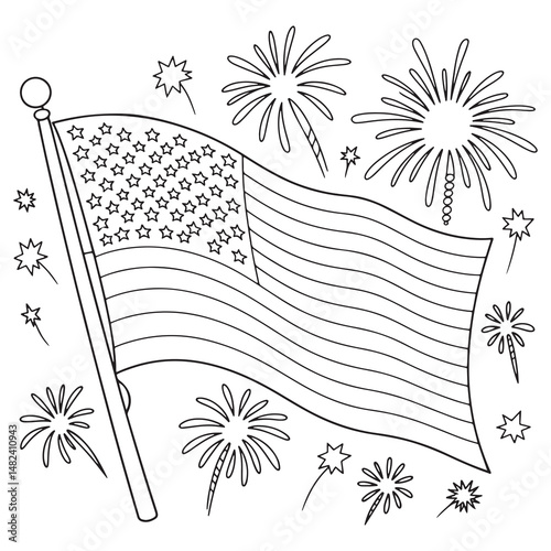 American Flag with Fireworks Coloring Page – Patriotic Fourth of July Activity Sheet”