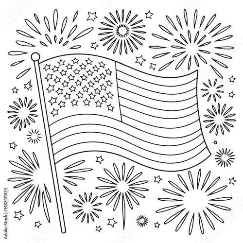 American Flag with Fireworks Coloring Page – Patriotic Fourth of July Activity Sheet”