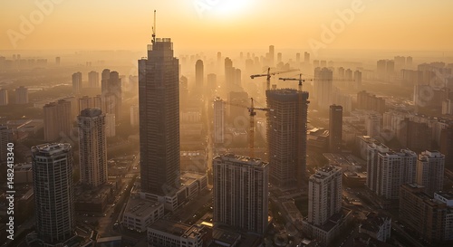Golden Haze Over Cityscape: Skyscrapers and Construction Cranes at Sunset