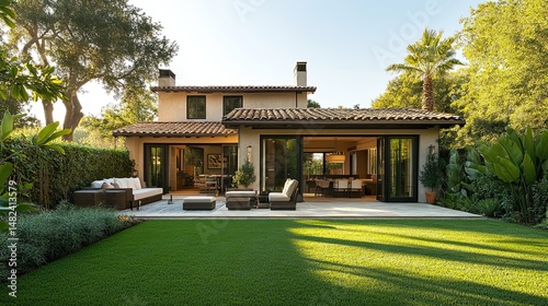 A well-kept backyard with a lawn and patio area of a beautiful house.