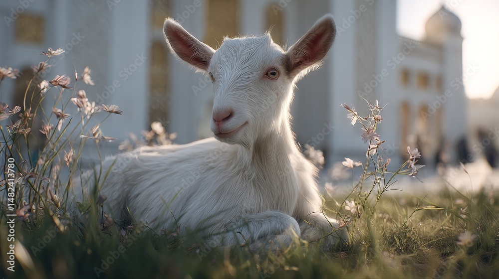 Obraz premium White goat kid resting in grassy field near a building.
