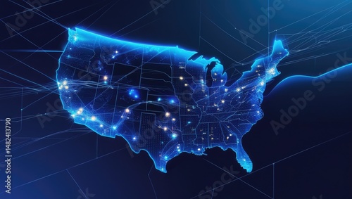 Illuminated Network Map of the United States Showing Interconnec