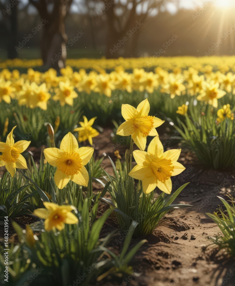 Obraz premium Glistening yellow daffodil petals, sunlit field, vibrant blooms , light, background, detail