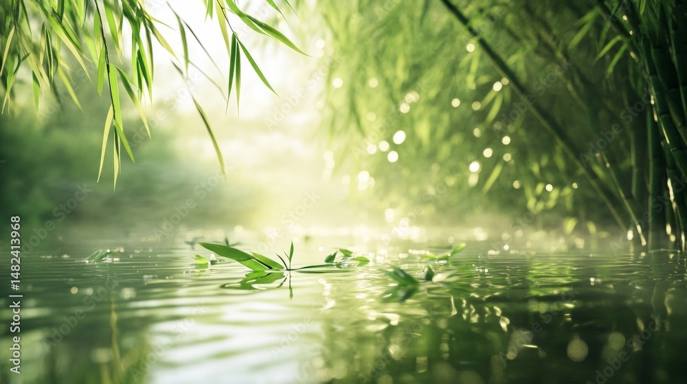 Fototapeta premium Sunlit Bamboo Forest Reflection Over Calm Water Surface with Green Leaves in Nature
