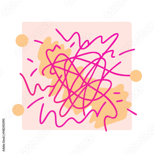 Pink scribbles over yellow background with geometric accents