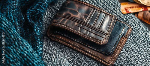 Luxurious Leather Wallets Resting on Textured Knitted Fabric, Cl