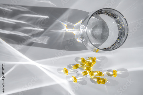 Yellow vitamin D or fish oil capsules are scattered near a glass of water, casting intriguing shadows on a white surface, creating an aesthetically pleasing composition