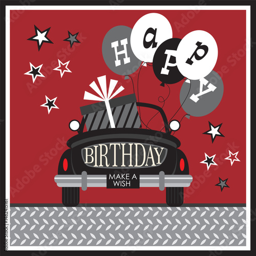 Birthday card with balloons and gift on the car