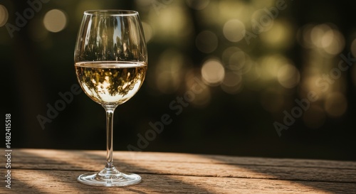 Elegant glass of white wine on a rustic wooden table in a blurred outdoor setting