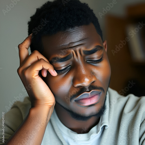 young black man feeling bored, frustrated and sleepy after a tiresome, dull and tedious task, holding face with hand photo