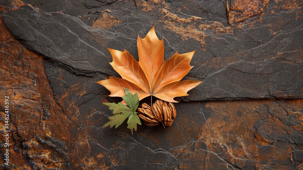 Obraz premium Isolated fall leaf, richly textured, popping off dark wood or stone background