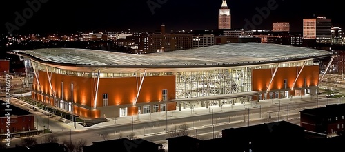 Night View of Modern Convention Center with City Skyline